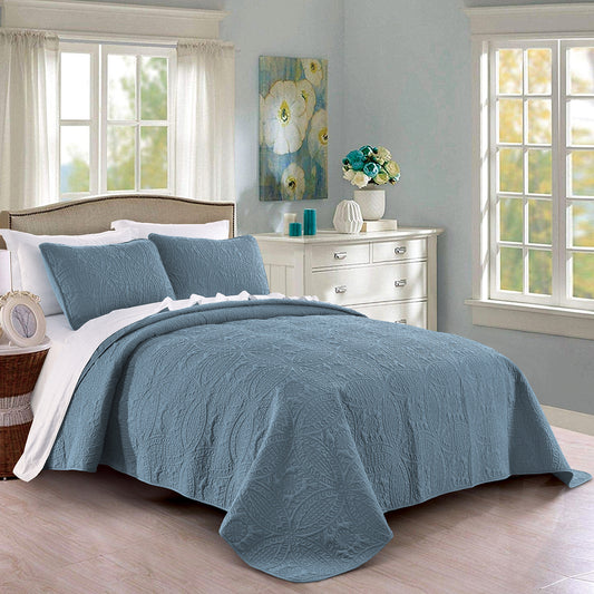 Quilt Set Full/Queen Size Ash Blue - Oversized Bedspread - Soft Microfiber Lightweight Coverlet for All Season - 3 Piece Includes 1 Quilt and 2 Shams, Geometric Pattern