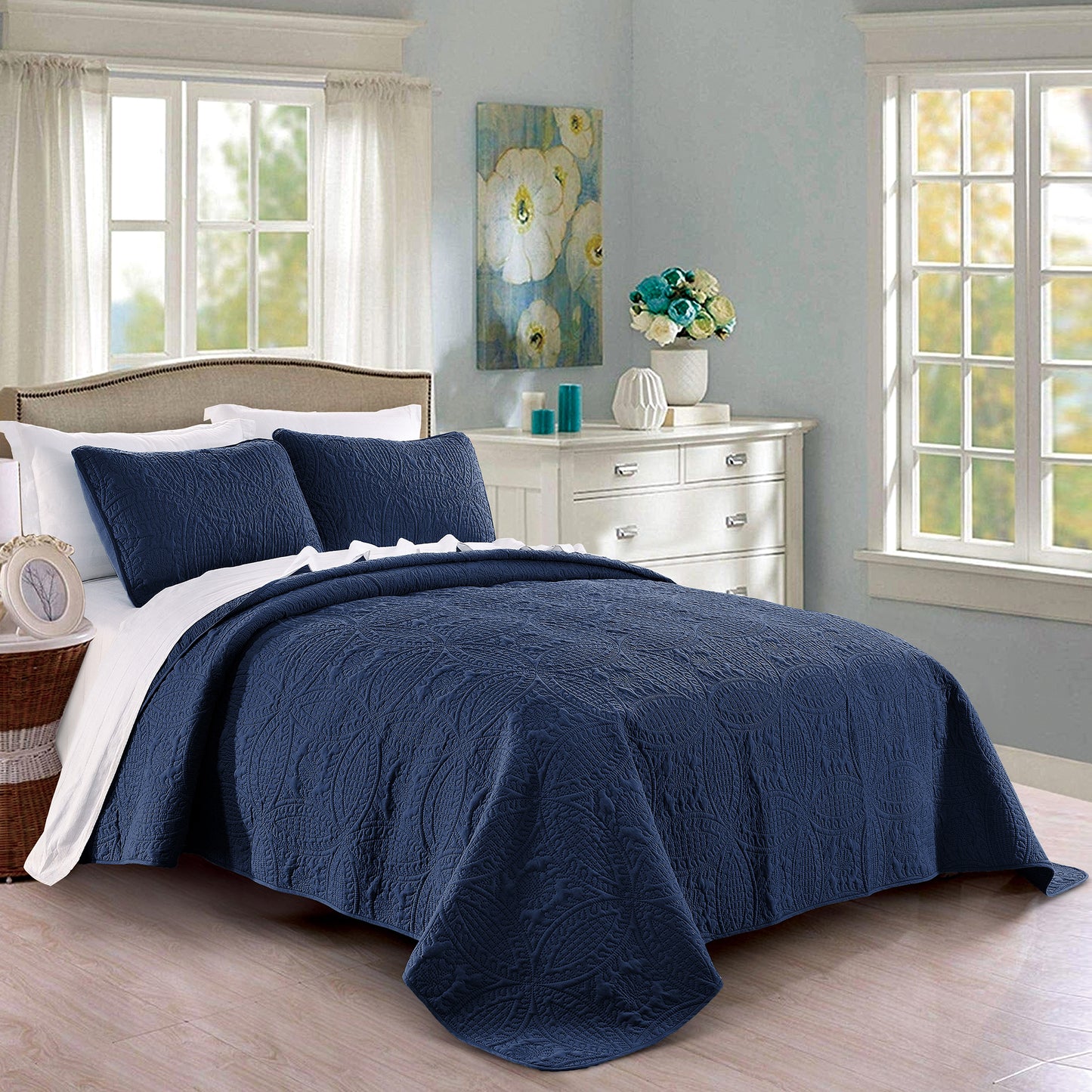 Quilt Set Full/Queen Size Ash Blue - Oversized Bedspread - Soft Microfiber Lightweight Coverlet for All Season - 3 Piece Includes 1 Quilt and 2 Shams, Geometric Pattern